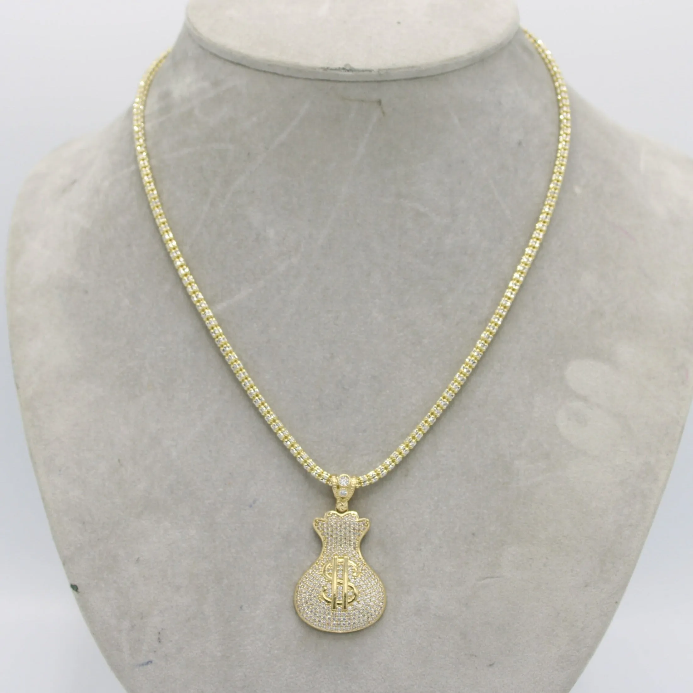 14k Money Bag Pendant with Ice Chain Yellow Gold