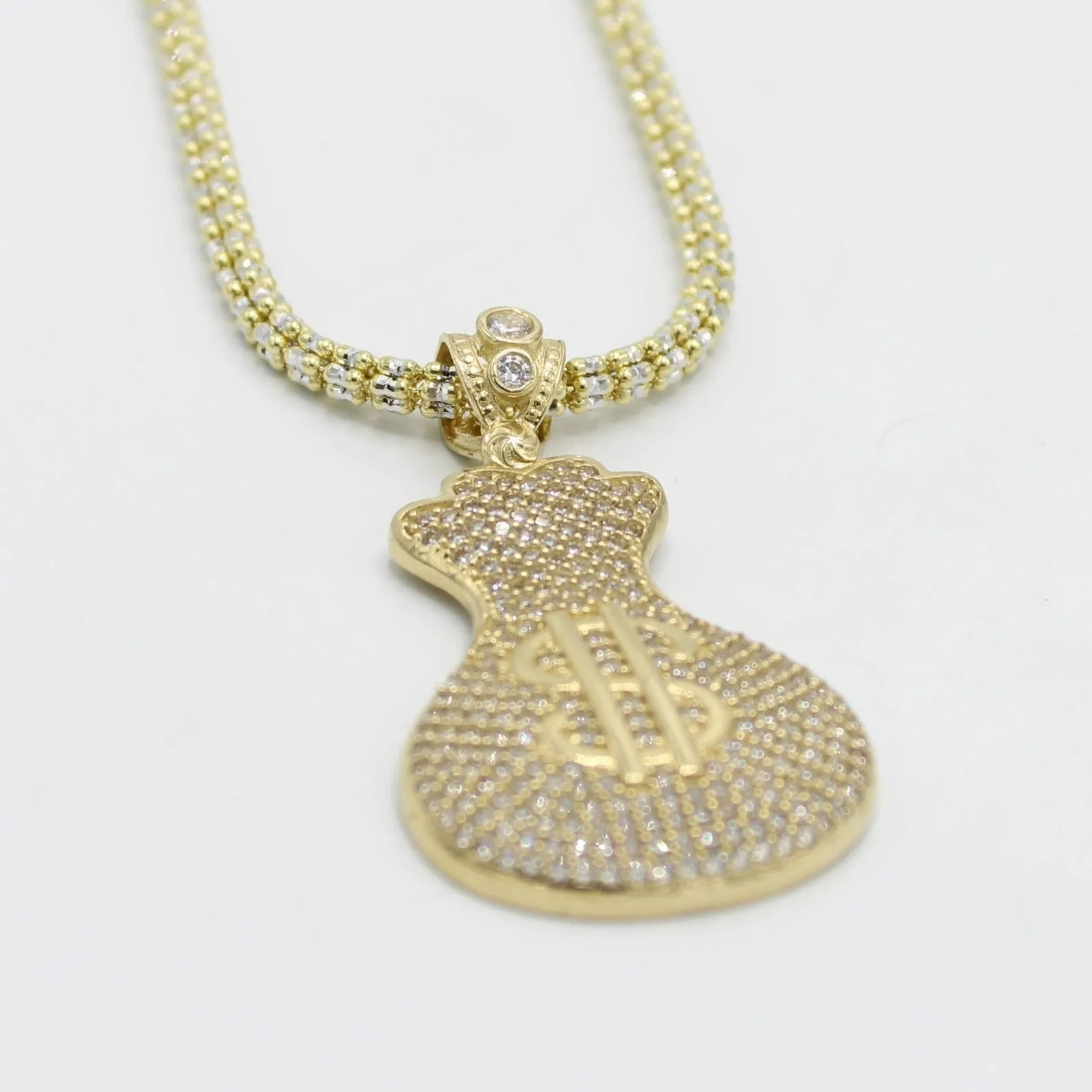 14k Money Bag Pendant with Ice Chain Yellow Gold