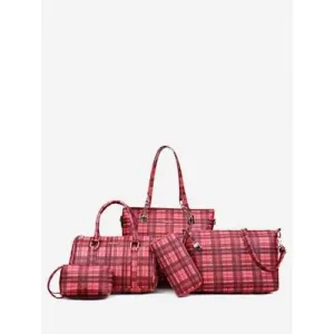 5 Pieces Plaid Pattern Bags - Red