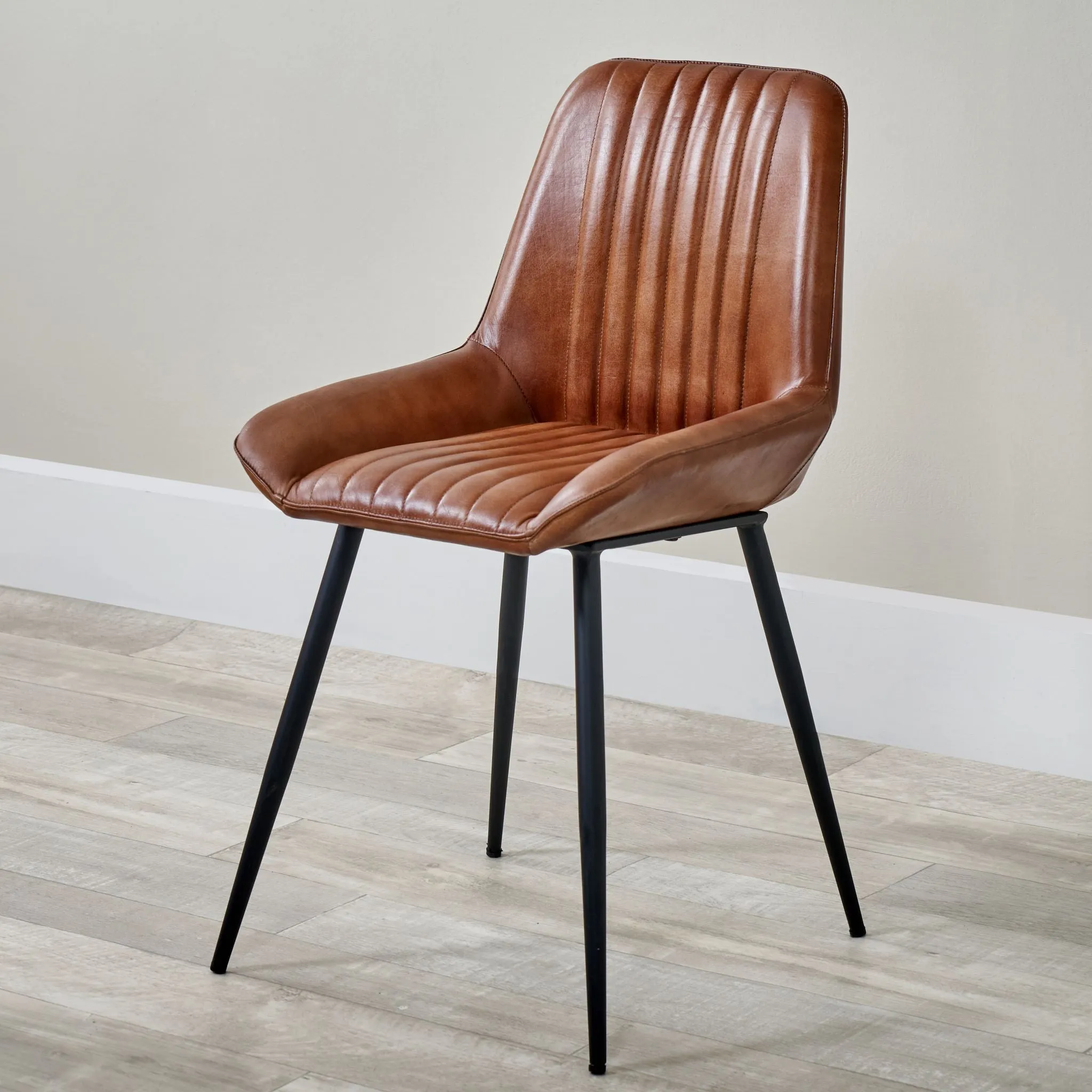 Angelo Leather and Iron Retro Dining Chair in Vintage Brown