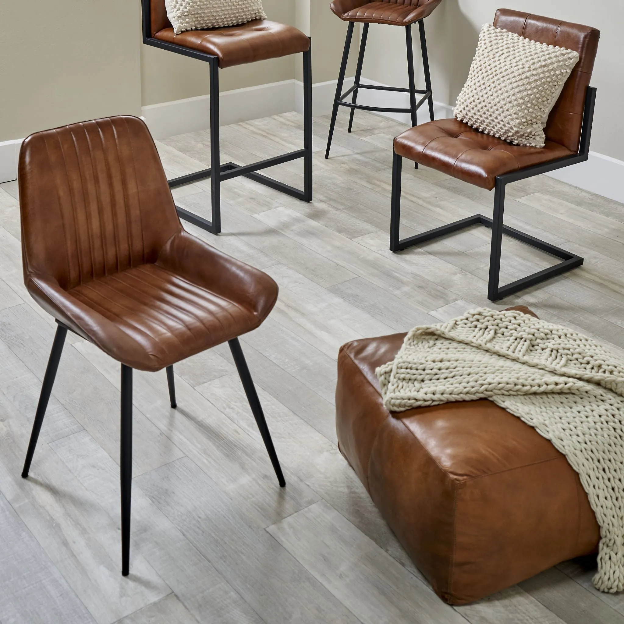 Angelo Leather and Iron Retro Dining Chair in Vintage Brown