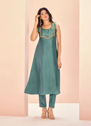 Aqua Blue Straight Salwar Suit in Organza Fabric