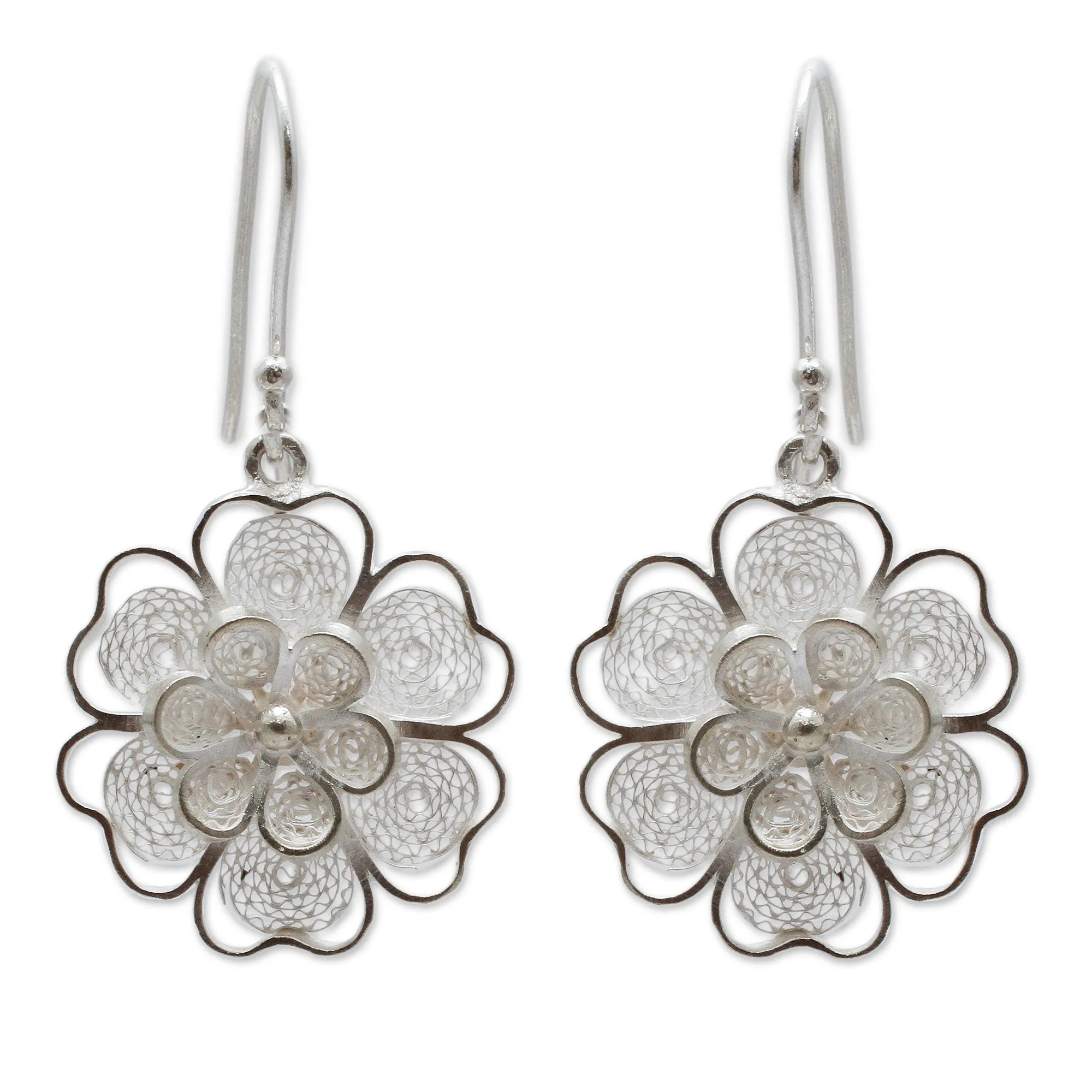 Artisan Crafted Sterling Filigree Peruvian Flower Earrings - Filigree Jasmine | NOVICA