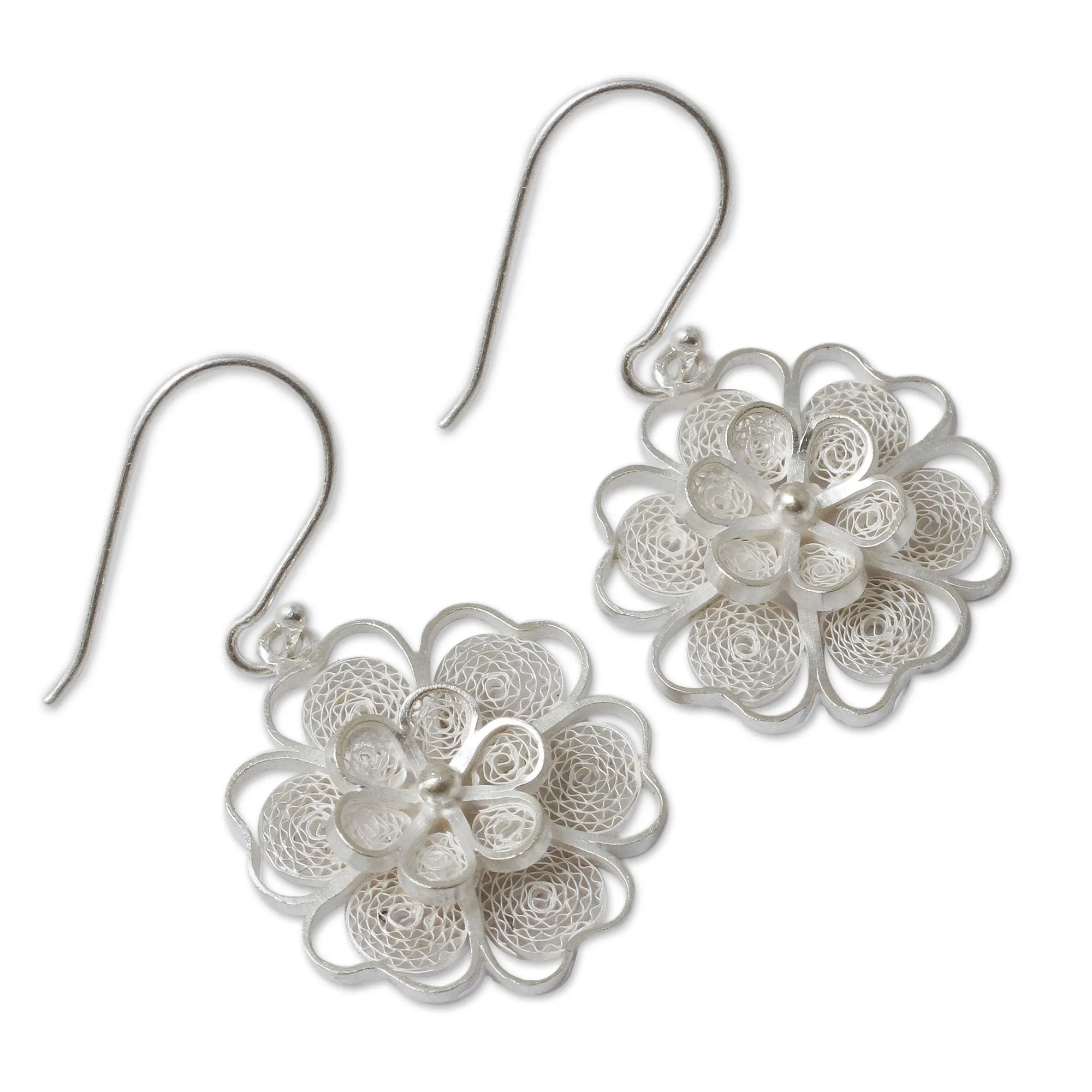 Artisan Crafted Sterling Filigree Peruvian Flower Earrings - Filigree Jasmine | NOVICA