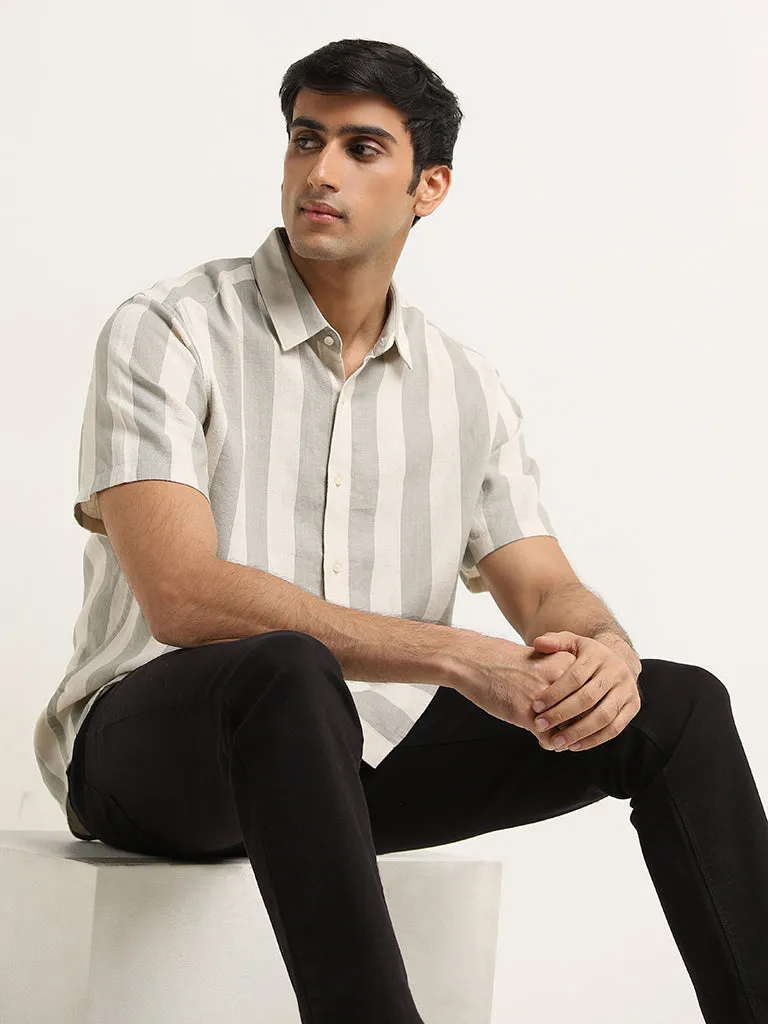 Ascot Grey Striped Blended Linen Relaxed-Fit Shirt