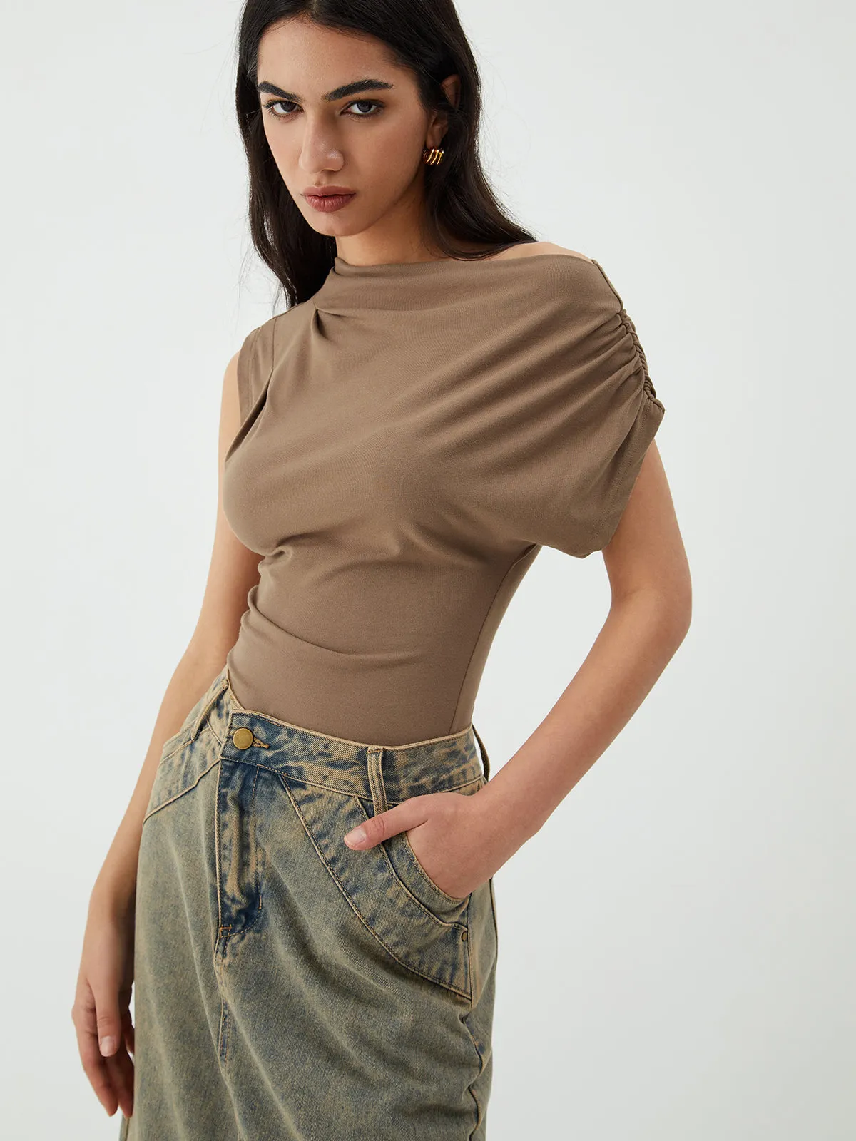 Asymmetric One Graceful Shoulder Pleated Top