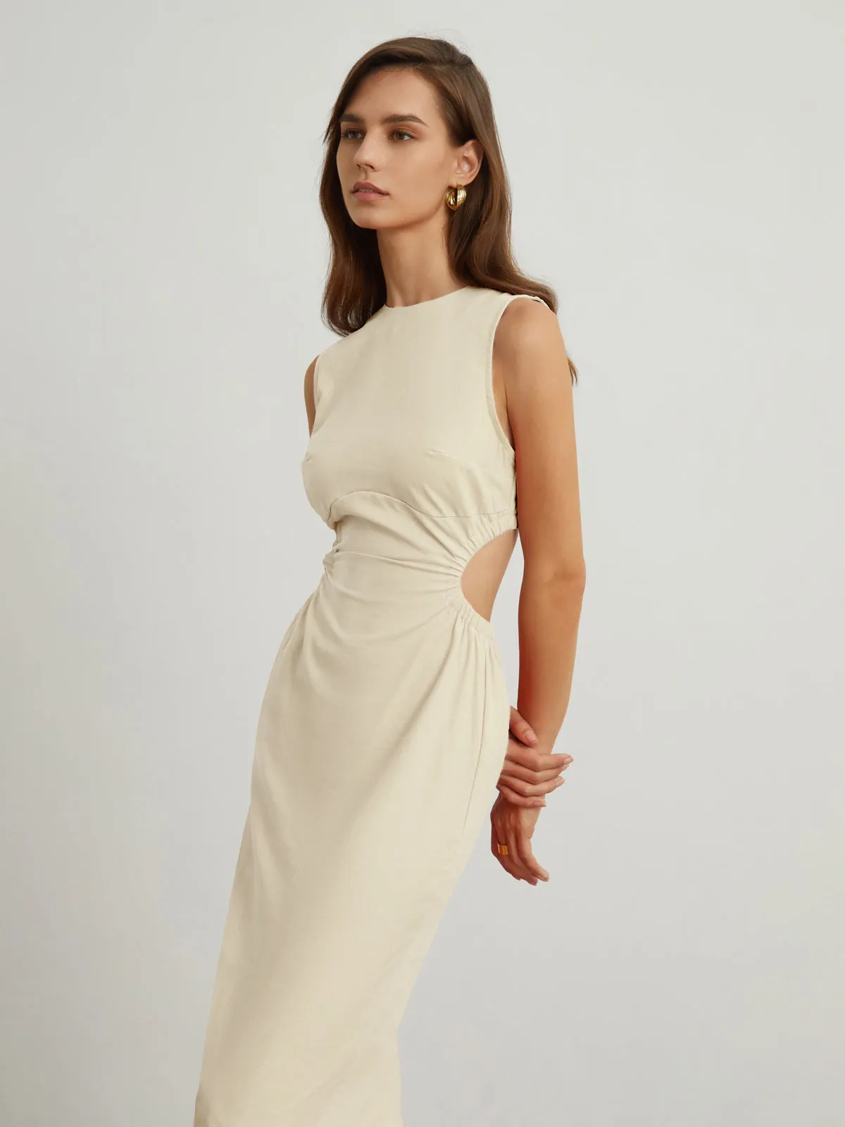 Back Cutout Graceful Linen Midi Dress