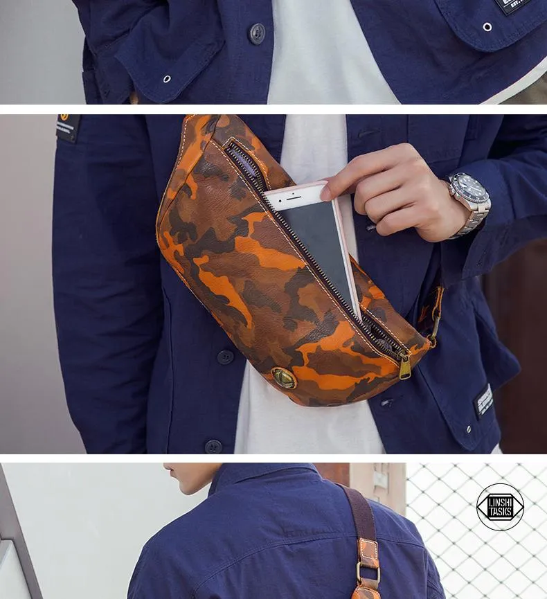 Badass Leather Fanny Pack Men's Yellow Camouflage Chest Bag Hip Bag Waist Bag For Men