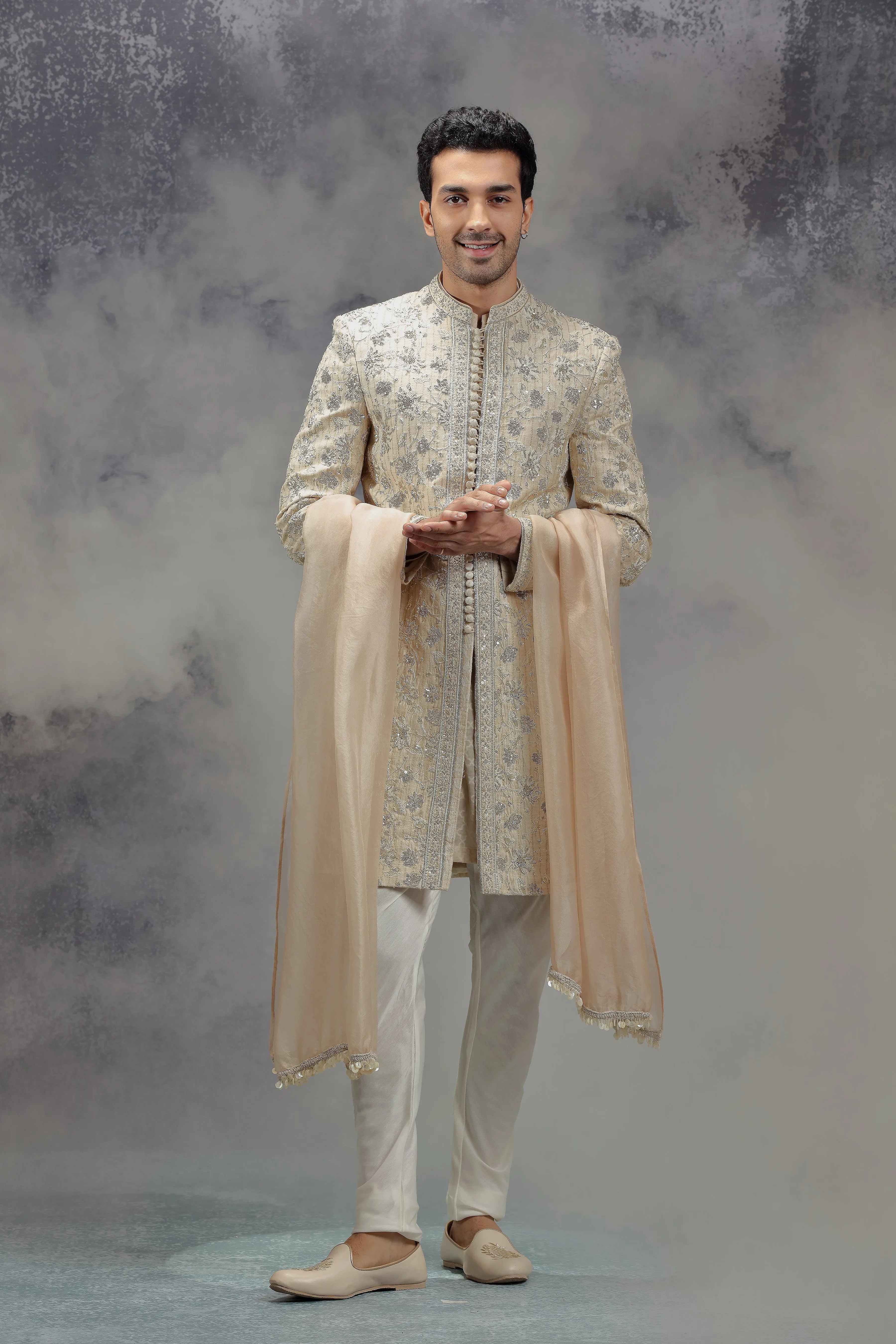 Beige Sherwani Set with Zardosi, Resham and Sequins Work