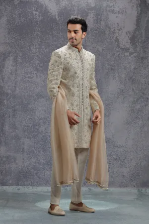 Beige Sherwani Set with Zardosi, Resham and Sequins Work