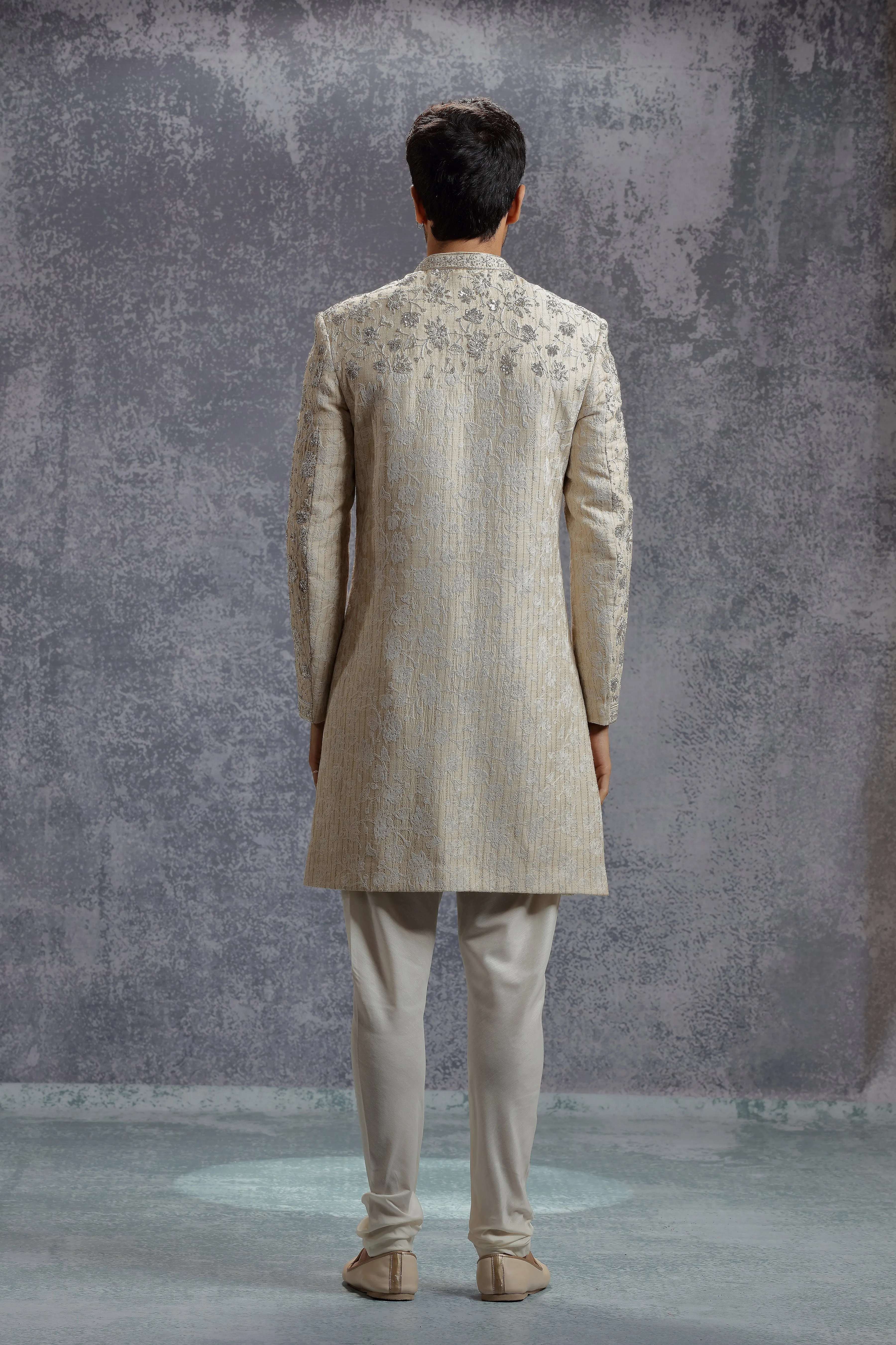 Beige Sherwani Set with Zardosi, Resham and Sequins Work