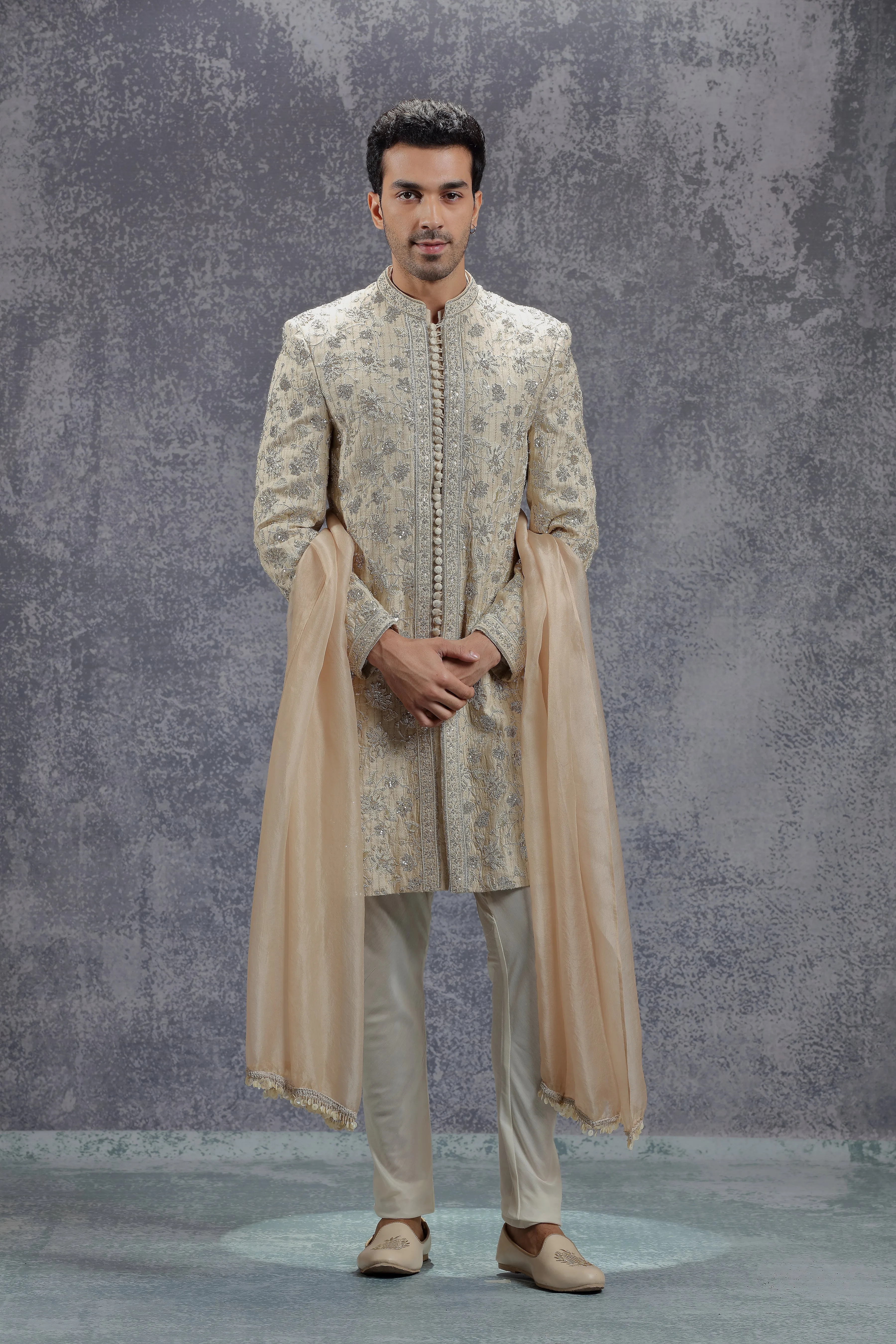 Beige Sherwani Set with Zardosi, Resham and Sequins Work