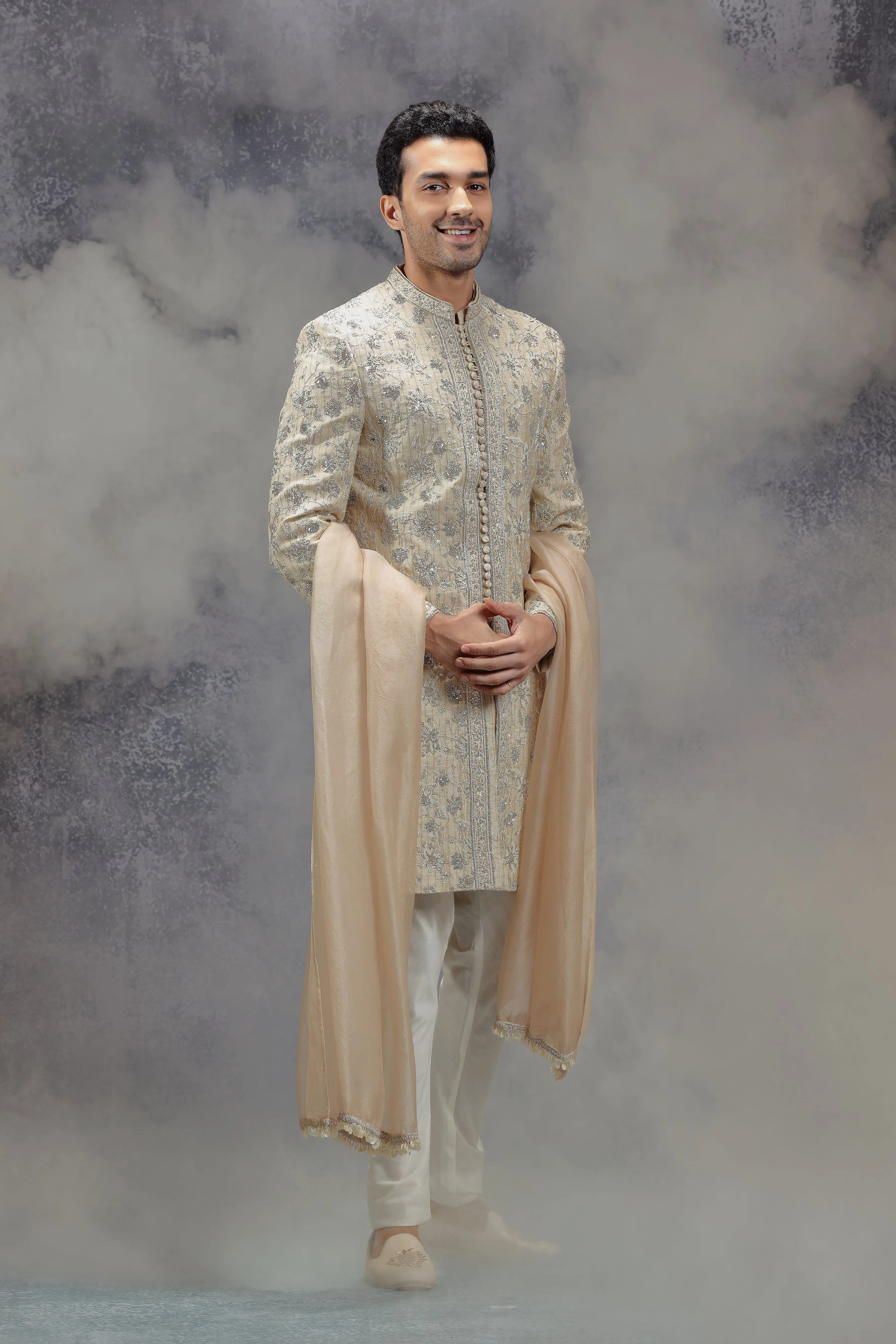 Beige Sherwani Set with Zardosi, Resham and Sequins Work