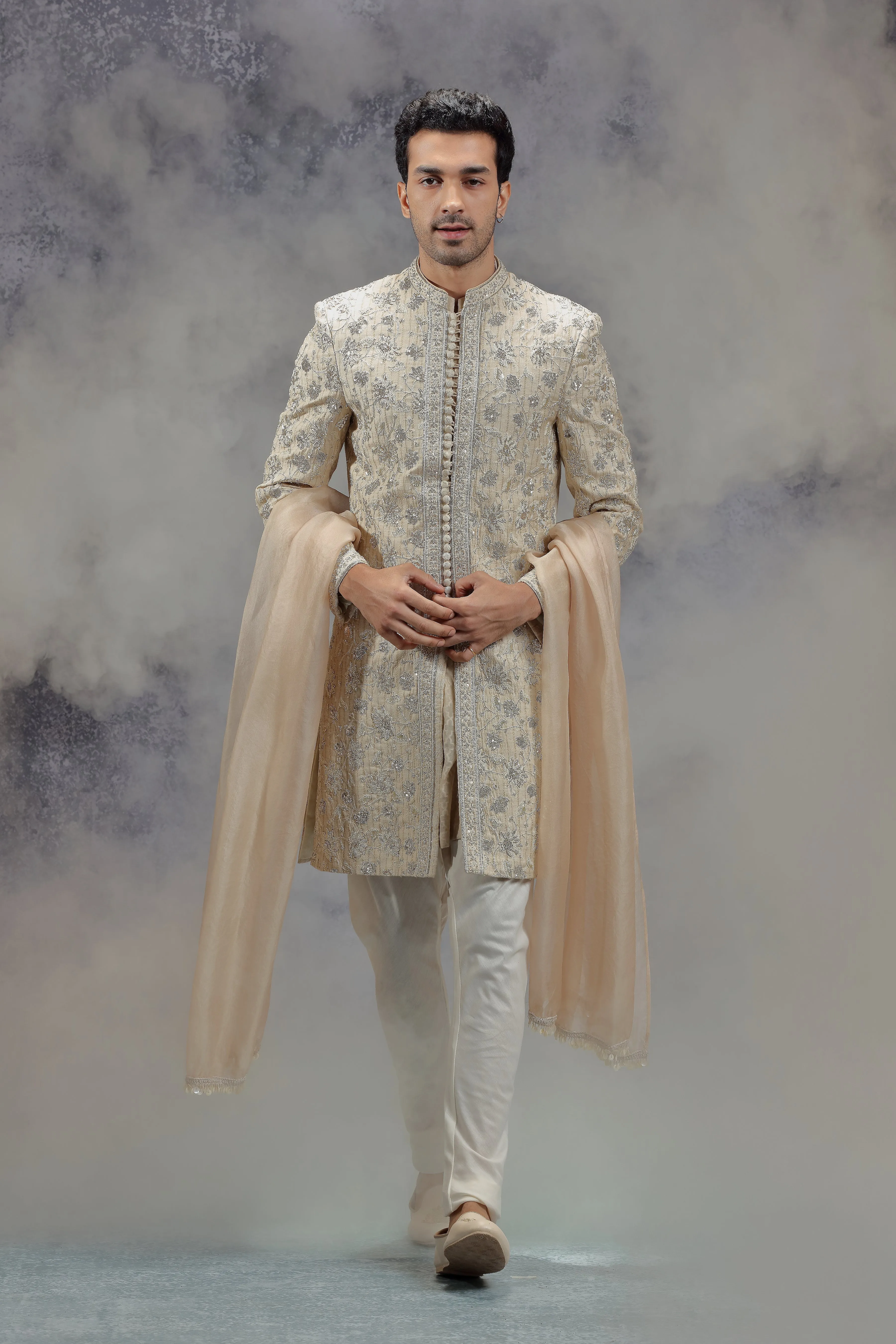 Beige Sherwani Set with Zardosi, Resham and Sequins Work