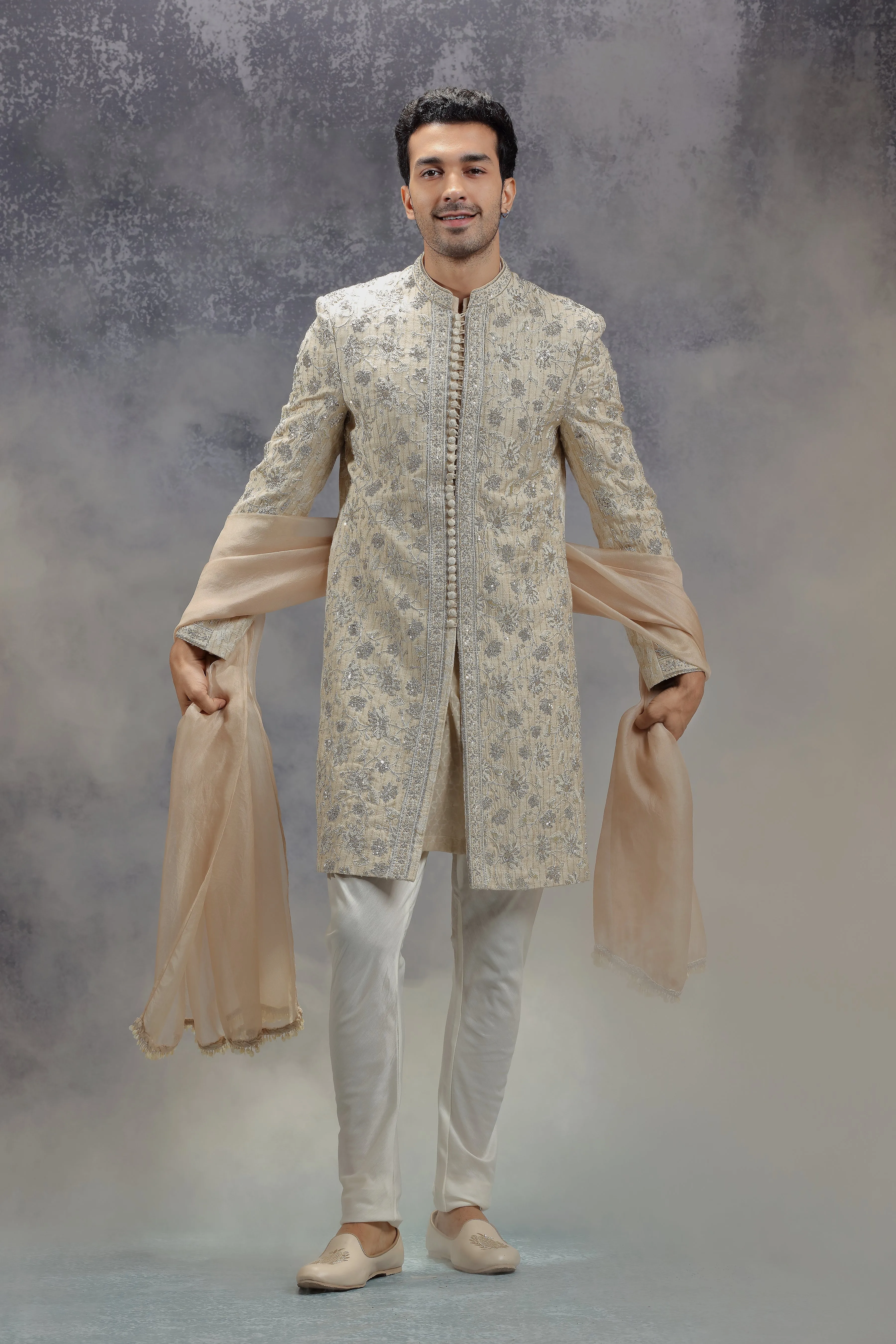 Beige Sherwani Set with Zardosi, Resham and Sequins Work