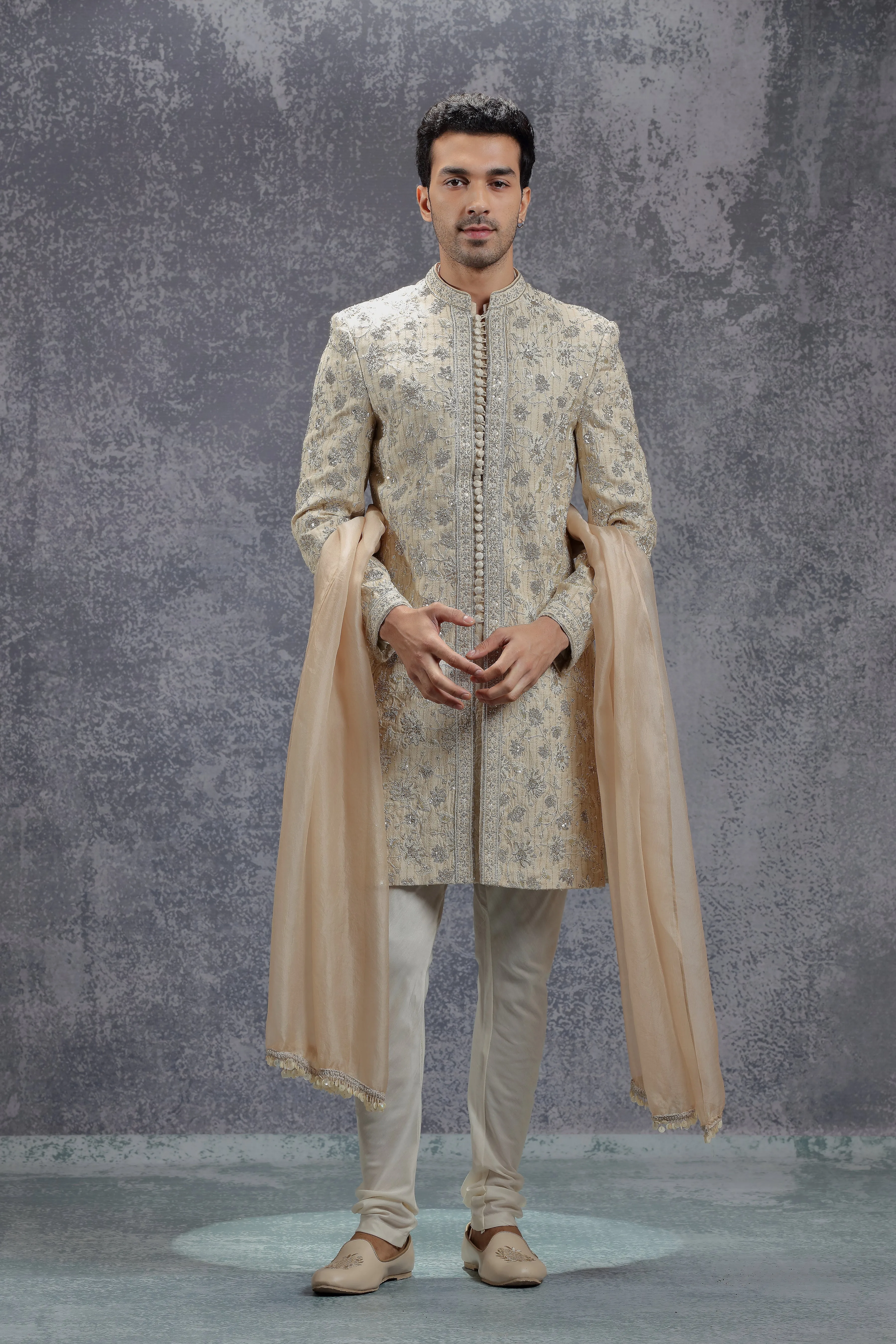 Beige Sherwani Set with Zardosi, Resham and Sequins Work