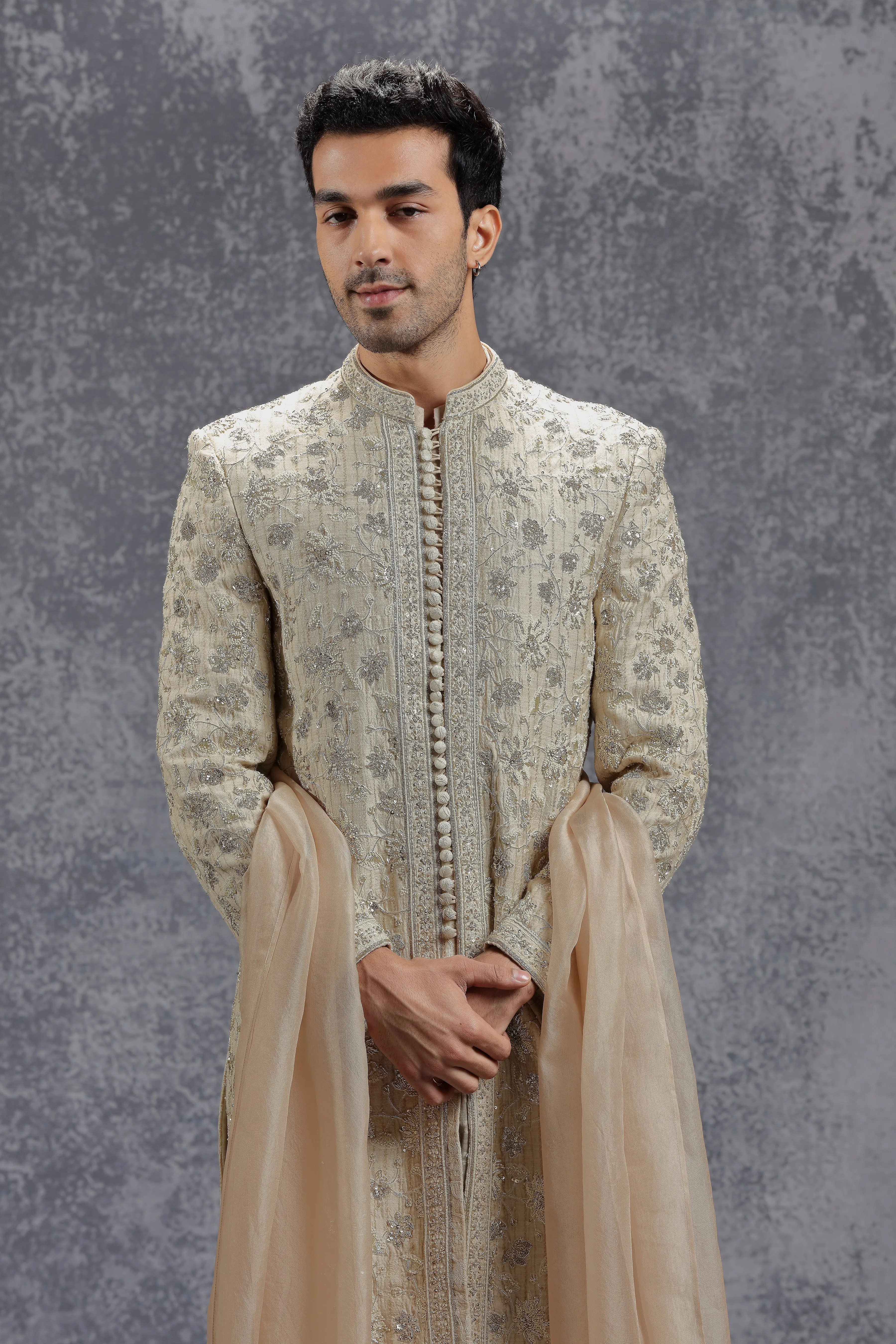 Beige Sherwani Set with Zardosi, Resham and Sequins Work