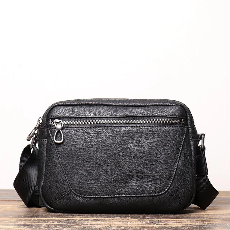 Black Cool Leather Small Zipper Messenger Bag Black Courier Bag Side Bag Black Shoulder Bag For Men