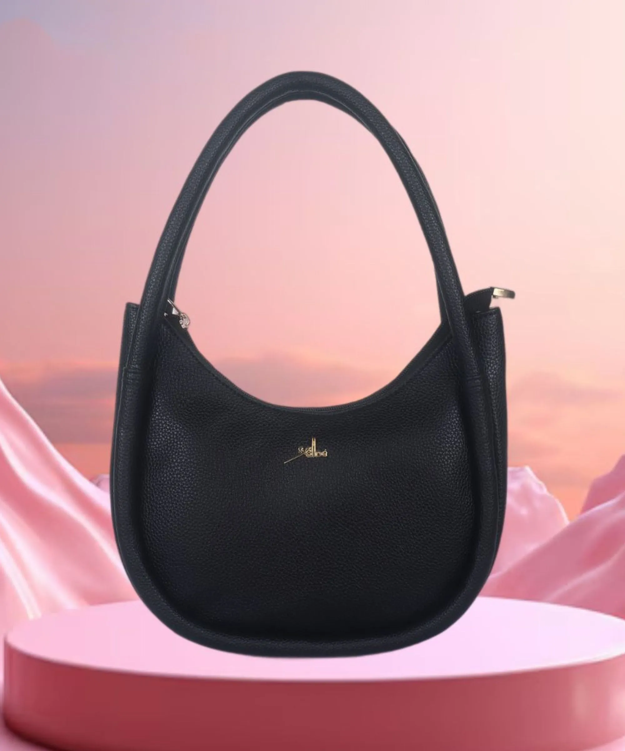 Black Synthetic Leather Baguette Bag For Women