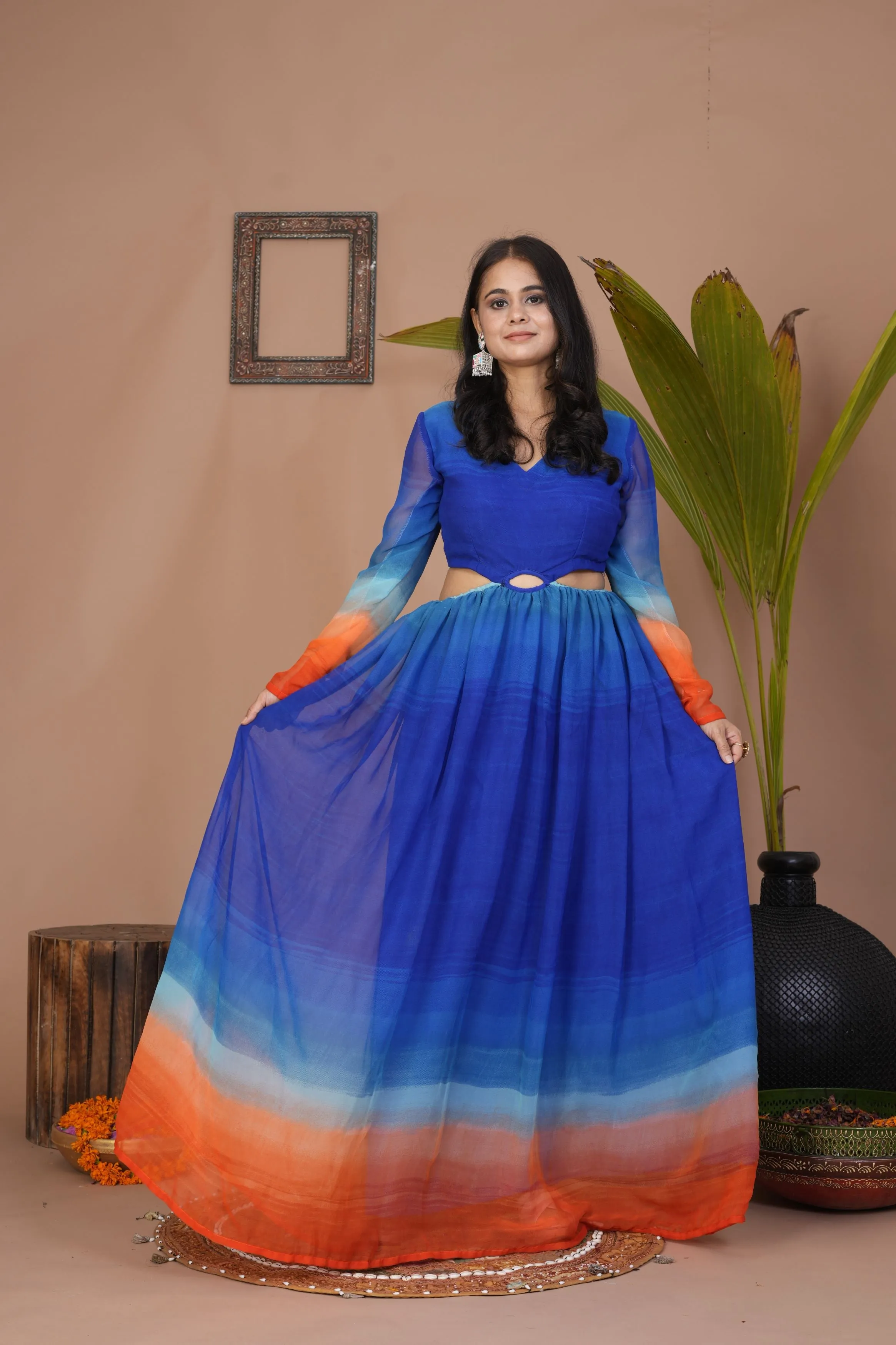 Blue Ombre-Dyed Georgette Silk Maxi Dress