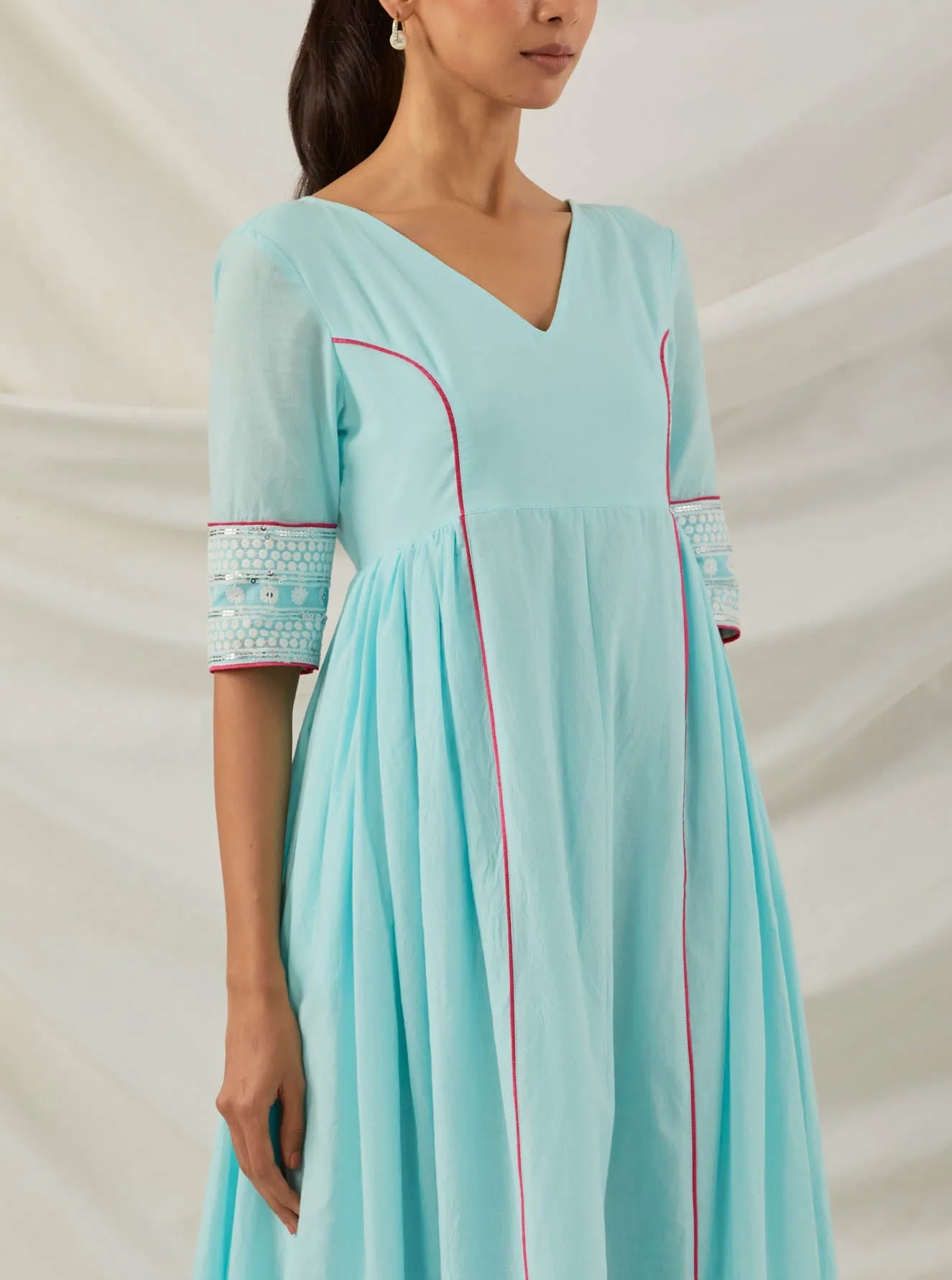 Blue Plain Markab Anarkali Kurta With Chikankari Border and Palazzo with lace detail (Set of 2)