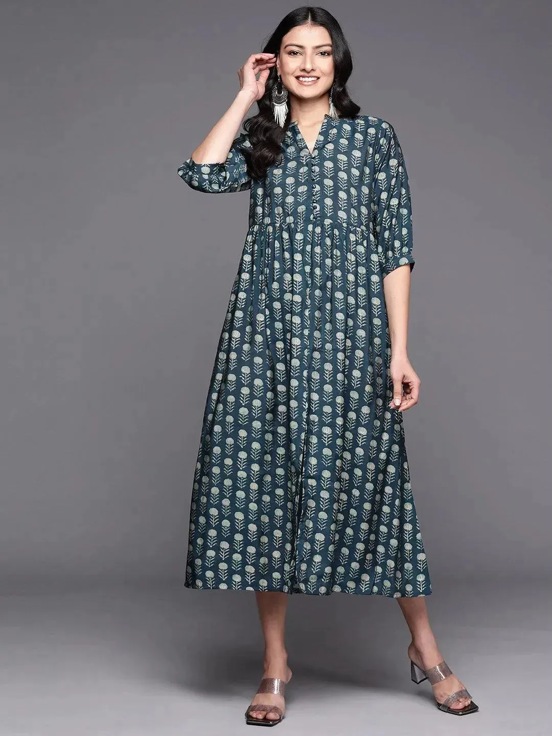 Blue Printed Silk Fit and Flare Dress