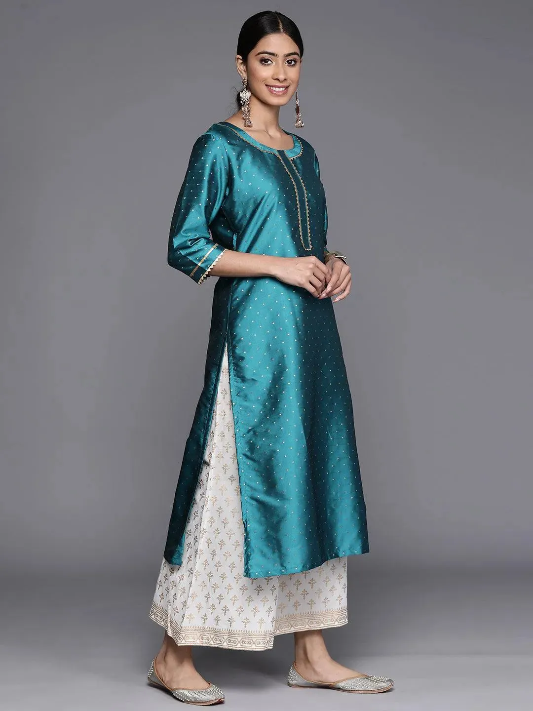 Blue Woven Design Art Silk Straight Kurta