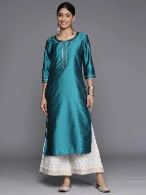 Blue Woven Design Art Silk Straight Kurta