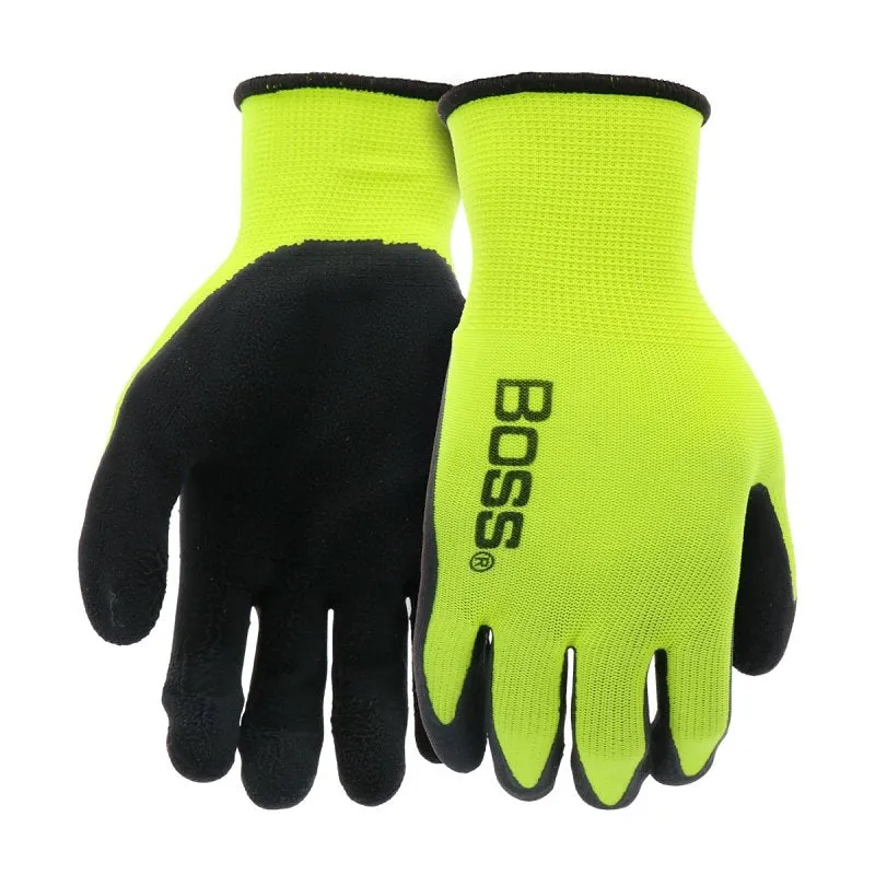 Boss Tactile Grip Series B31282-S Coated Gloves, S, Knit Wrist Cuff, Latex Coating, Polyester, Black/Hi-Viz Yellow :PR: QUANTITY: 1