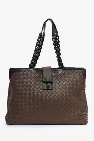 Bottega Veneta Brown/Black Intrecciato Leather Chain Tote