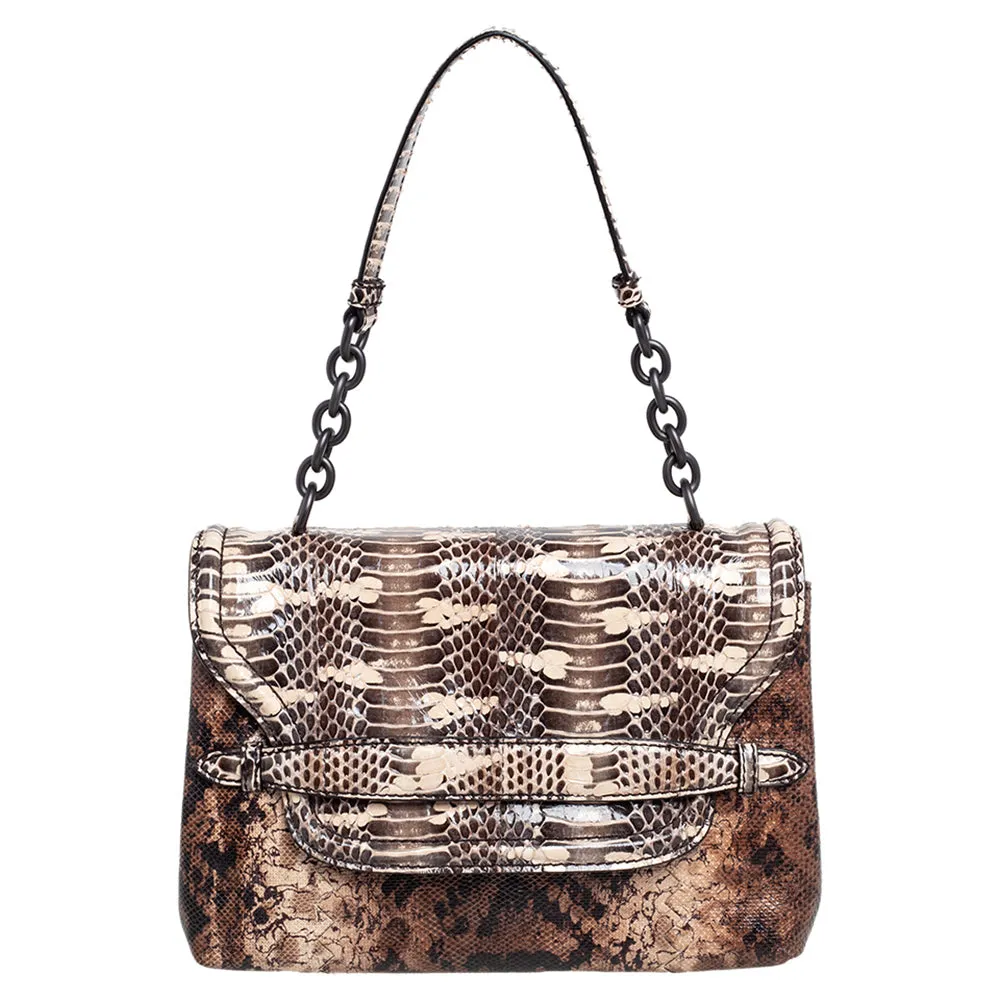 Bottega Veneta Intrecciato Karung And Watersnake Detail Flap Shoulder Bag