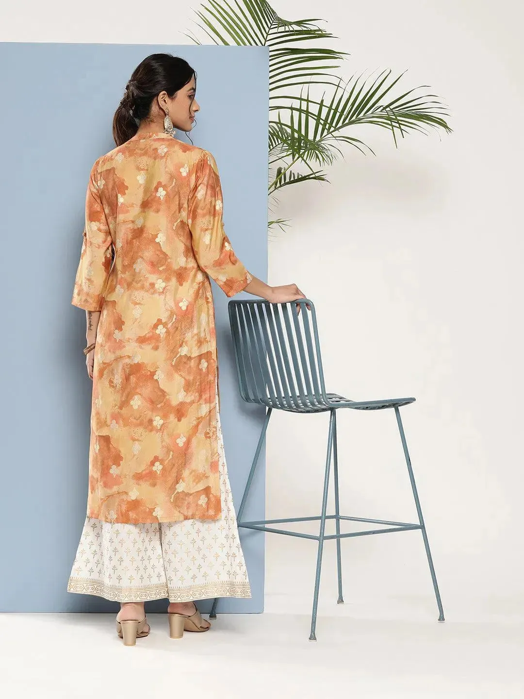 Brown Printed Silk Straight Kurta