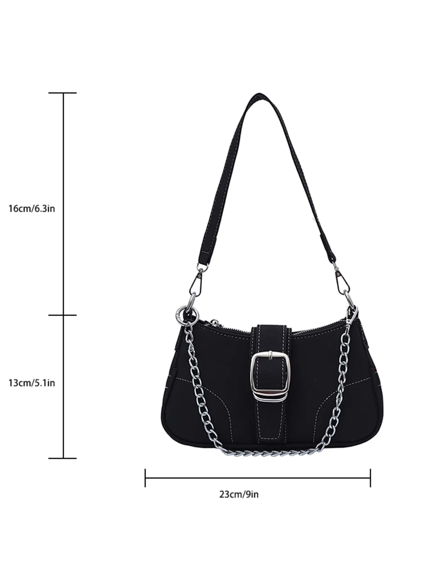 Buckle Decor Stitch Detail Chain Baguette Bag