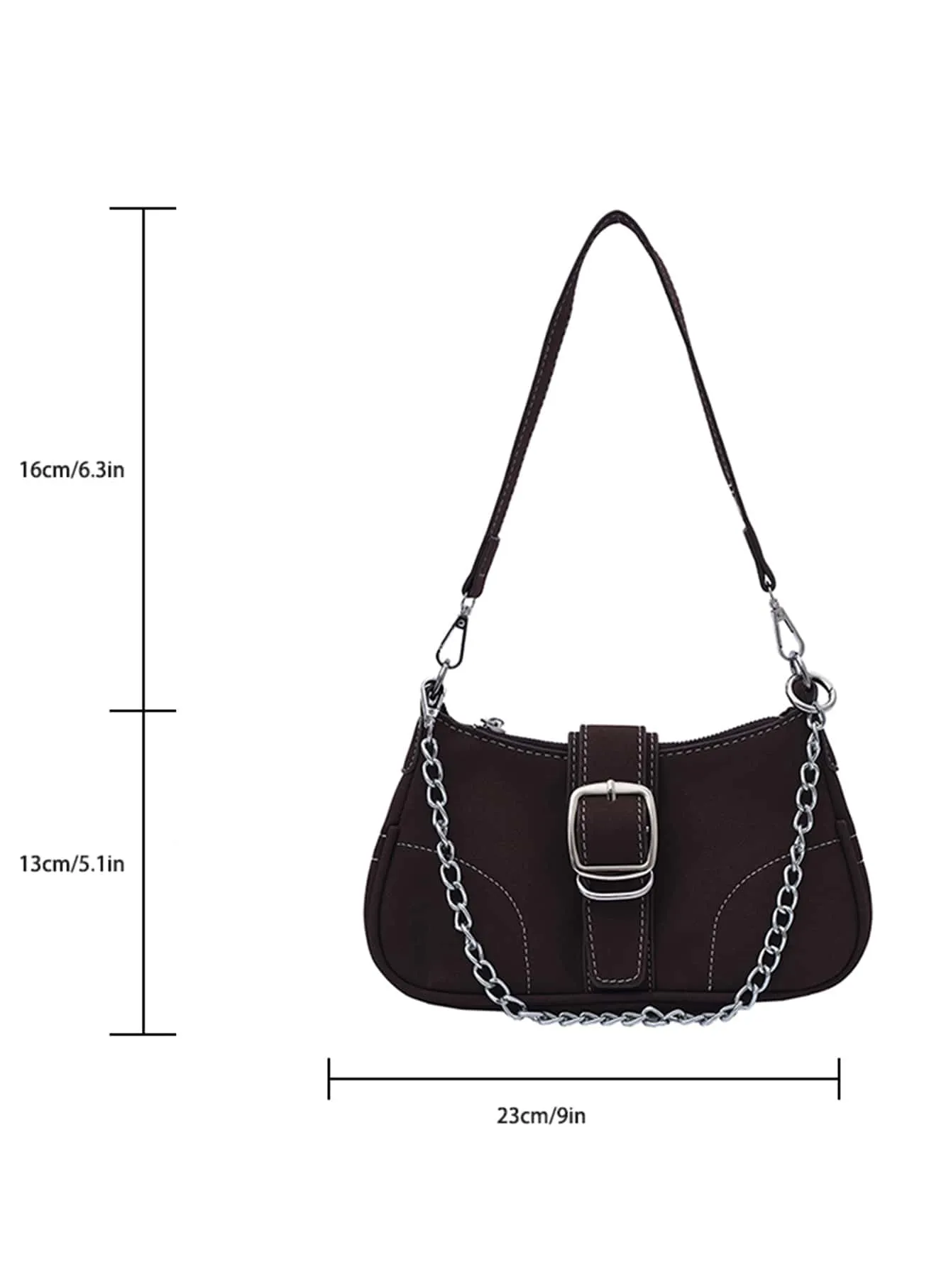 Buckle Decor Stitch Detail Chain Baguette Bag