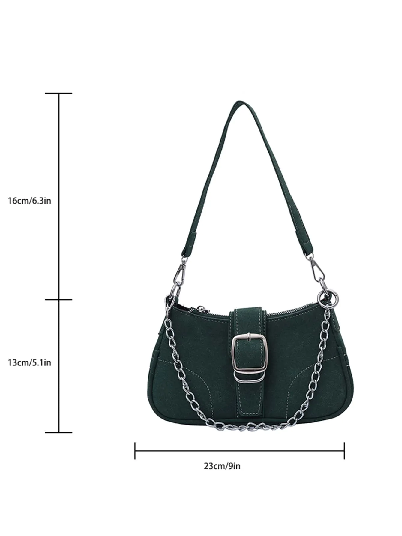 Buckle Decor Stitch Detail Chain Baguette Bag