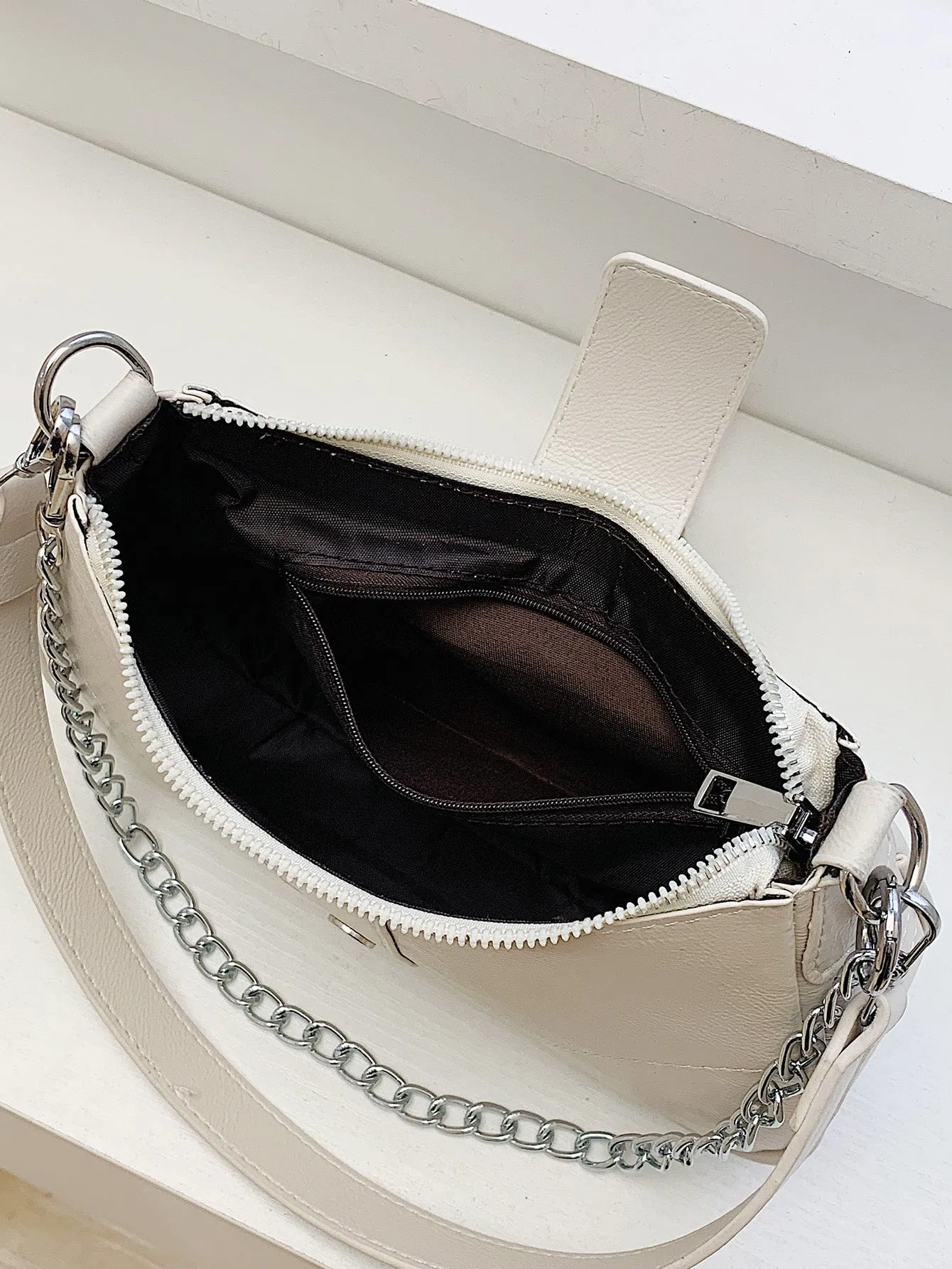 Buckle Decor Stitch Detail Chain Baguette Bag