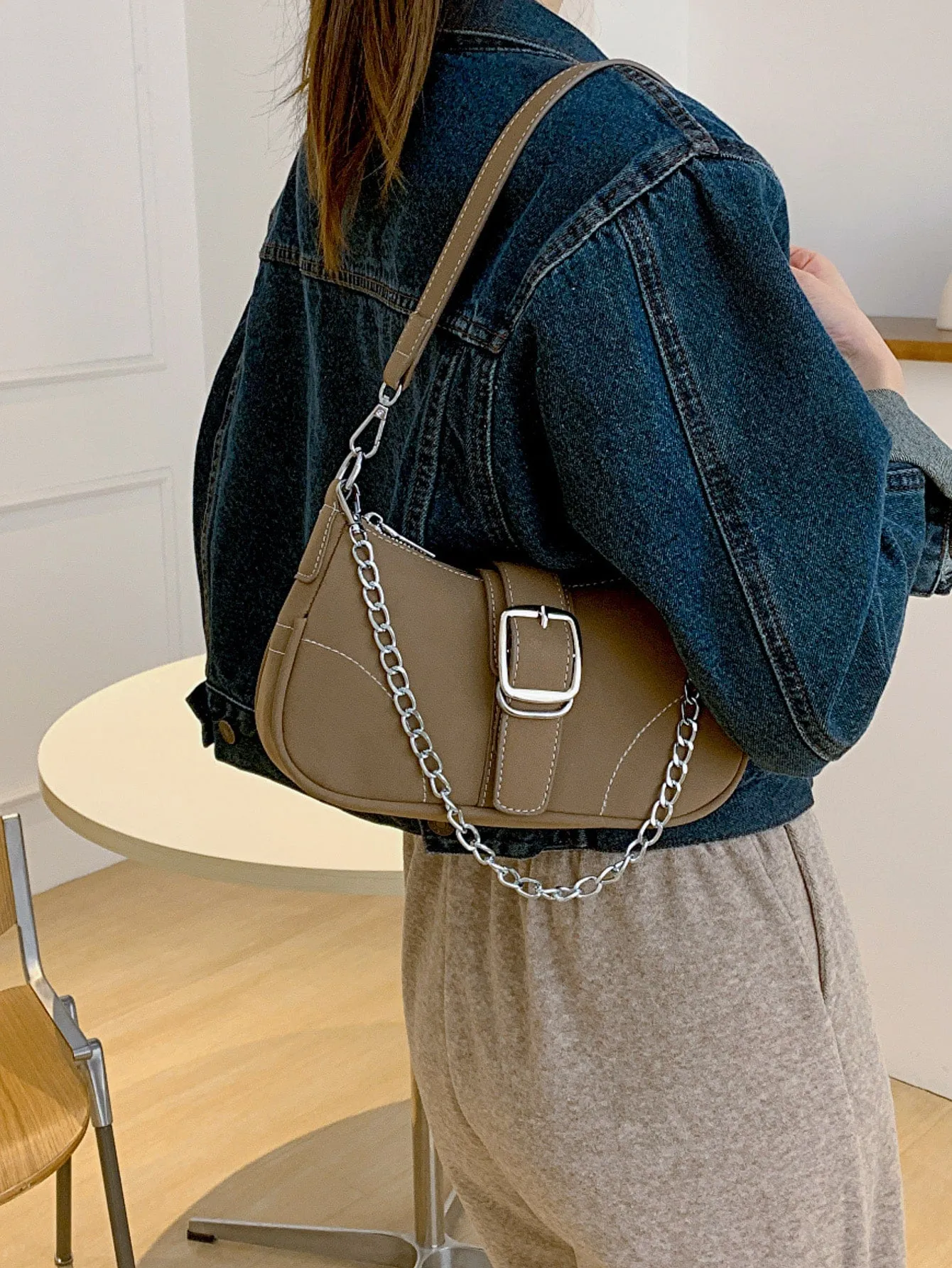 Buckle Decor Stitch Detail Chain Baguette Bag