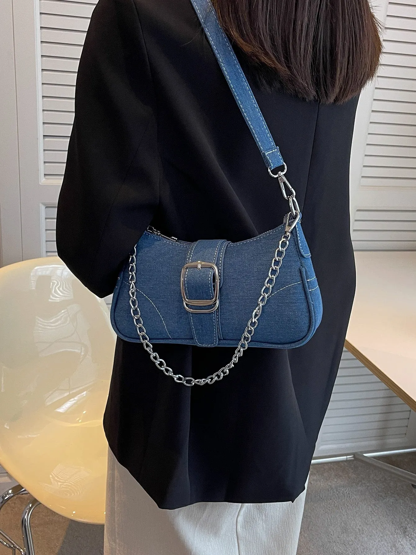 Buckle Decor Stitch Detail Chain Baguette Bag