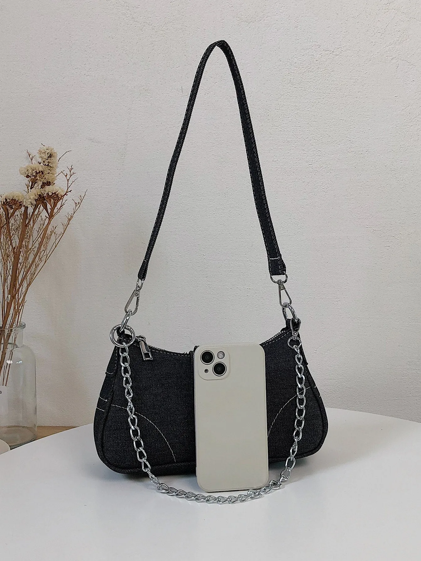 Buckle Decor Stitch Detail Chain Baguette Bag