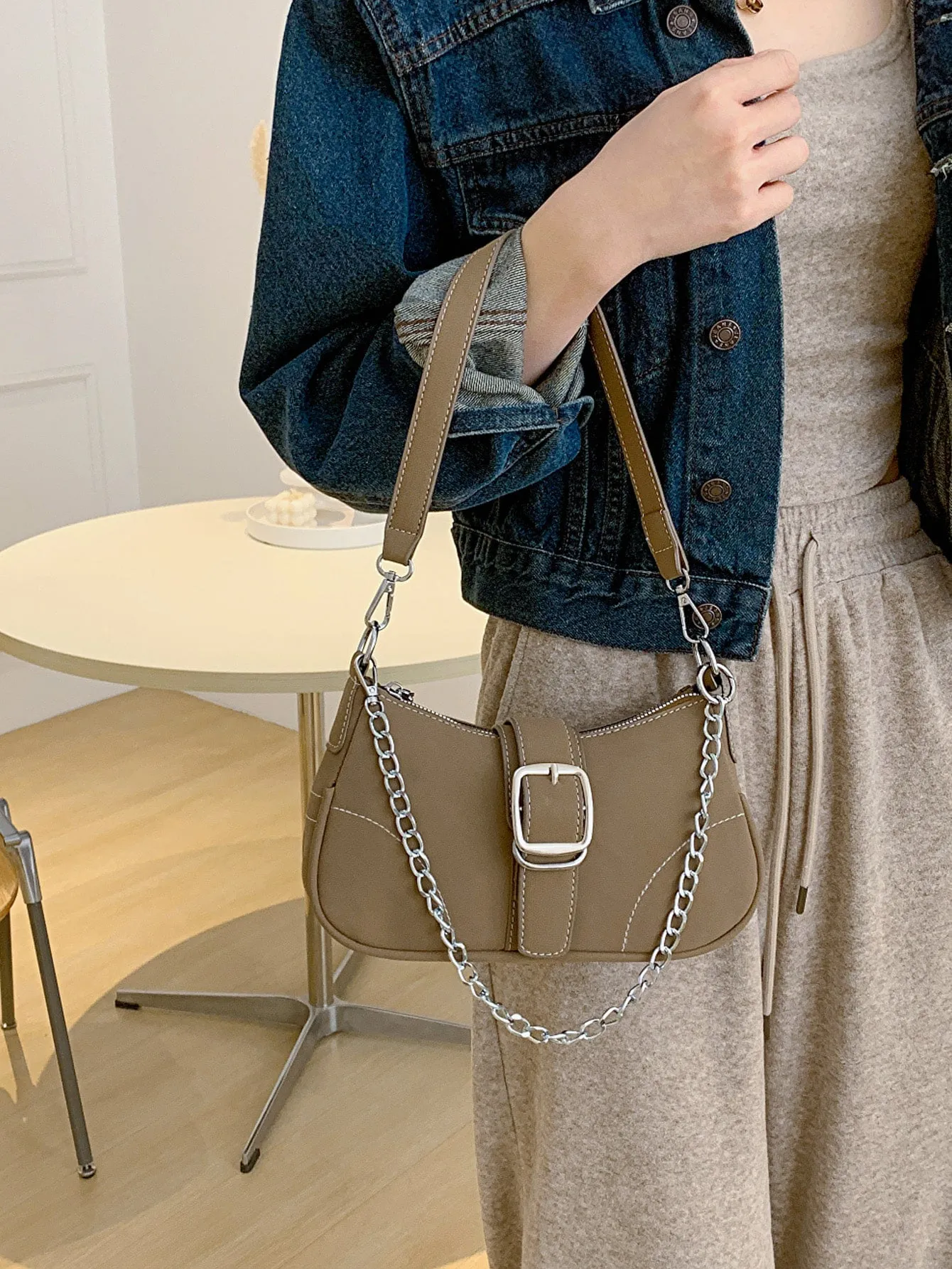 Buckle Decor Stitch Detail Chain Baguette Bag