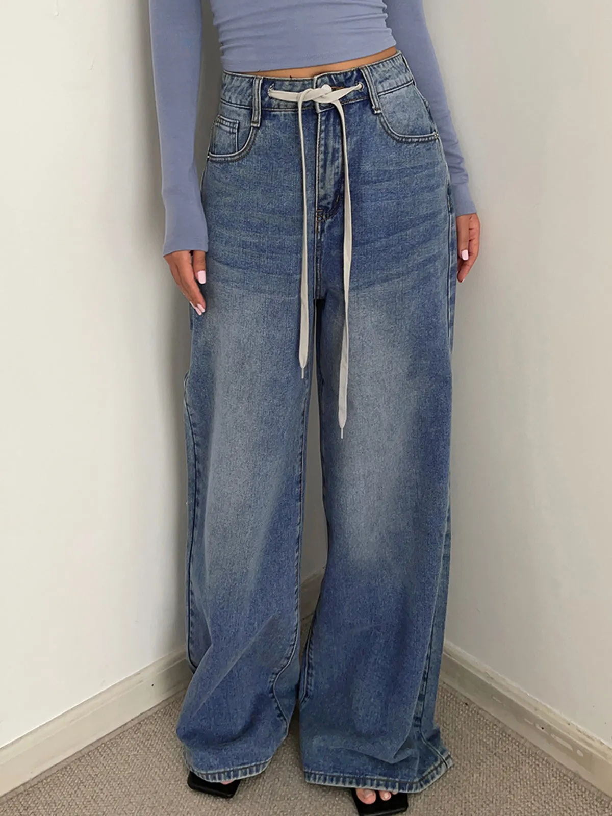 Buttoned Tied Graceful Denim Boyfriend Jeans