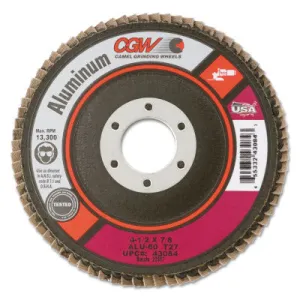 CGW Abrasives Aluminum Reg T27 Flap Disc, 4 1/2", 60 Grit, 7/8 Arbor, 13,300 rpm, 43084