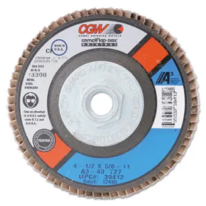 CGW Abrasives Flap Discs, A3 Aluminum Oxide, Reg, 4 1/2", 40 Grit, 7/8 Arbor, 13,300 rpm, T29, 39422