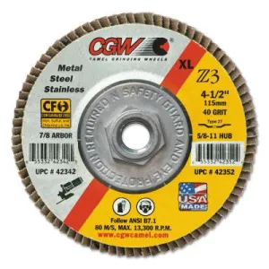 CGW Abrasives Premium Z3 Reg T29 Flap Disc, 7 in dai, 40 Grit, 5/8 in-11 Arbor, 8,600 RPM, 42732