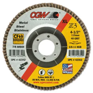 CGW Abrasives Premium Z3 XL T27 Flap Disc, 4-1/2 in dia, 80 Grit, 7/8 Arbor, 13,300 RPM, 42345