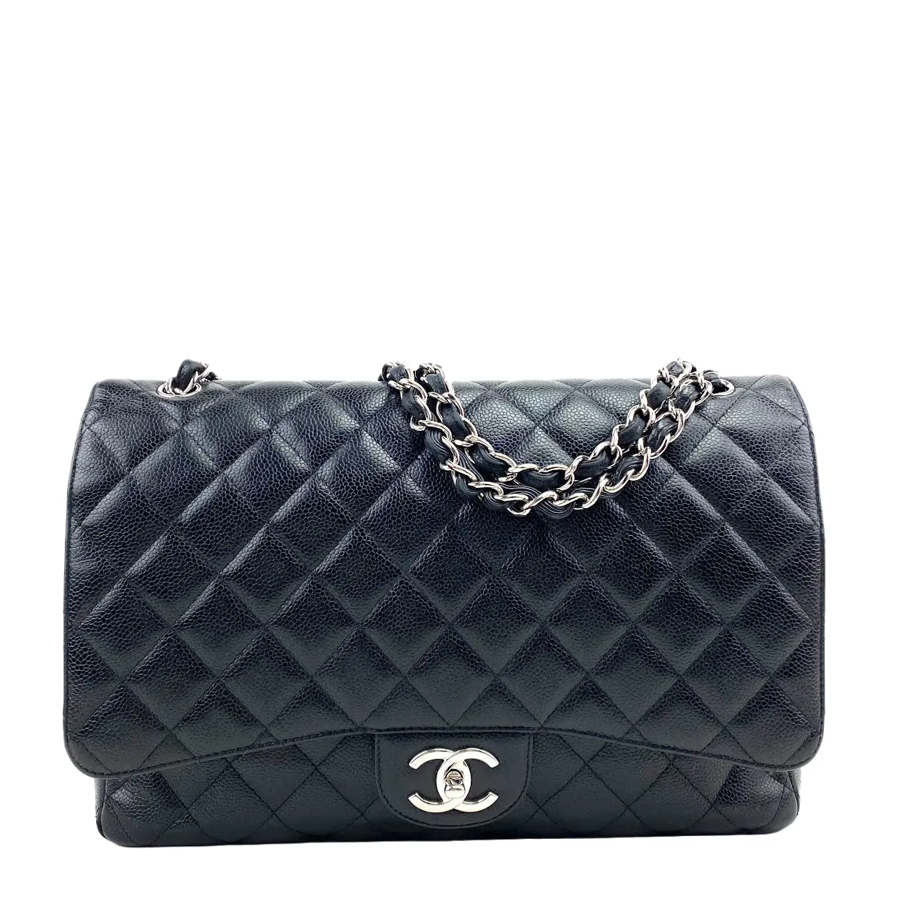 CHANEL Maxi Double Flap Quilted Caviar w/Silver