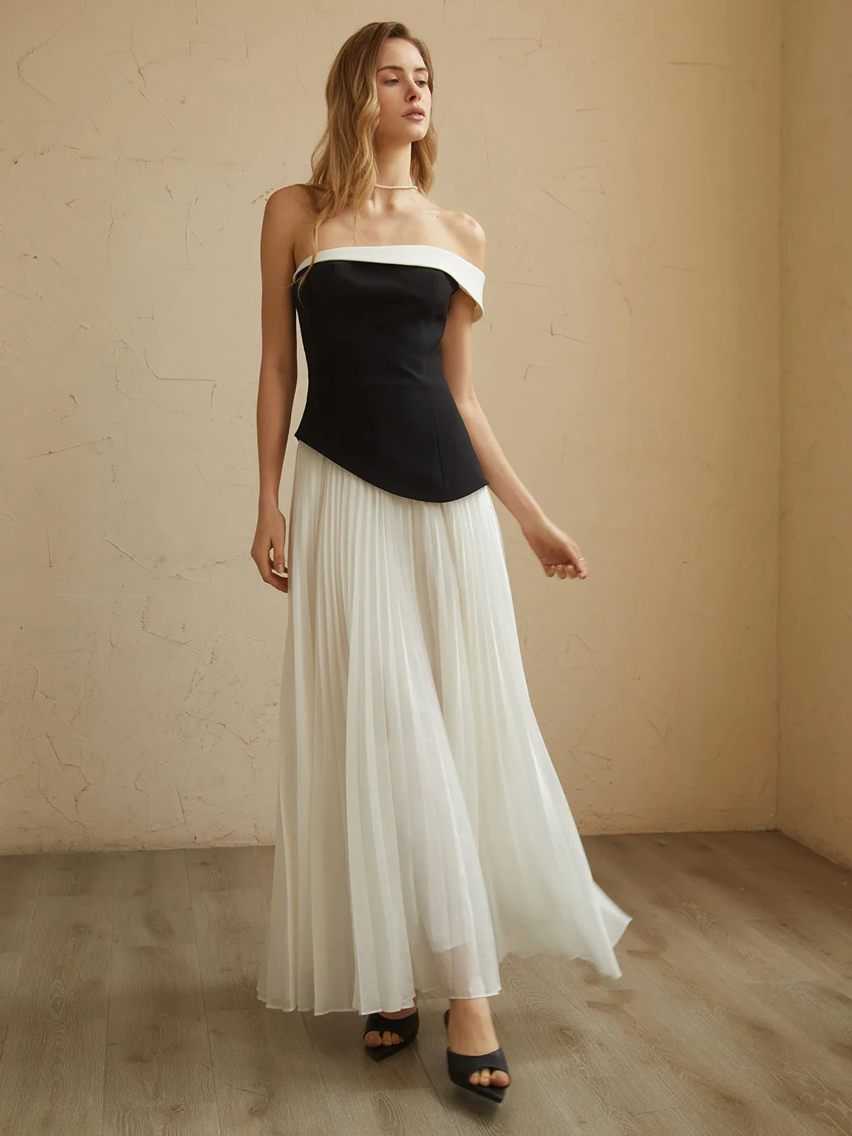 Contrast Trim Graceful Off-Shoulder Long Dress