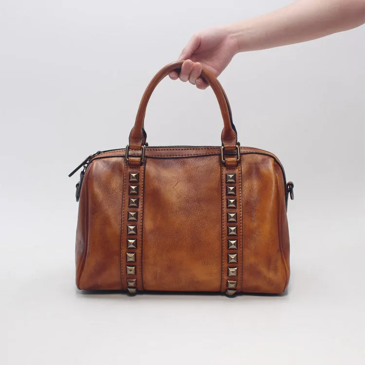 Cool Rivets Womens Handbags Brown Leather Shoulder Bag for Women