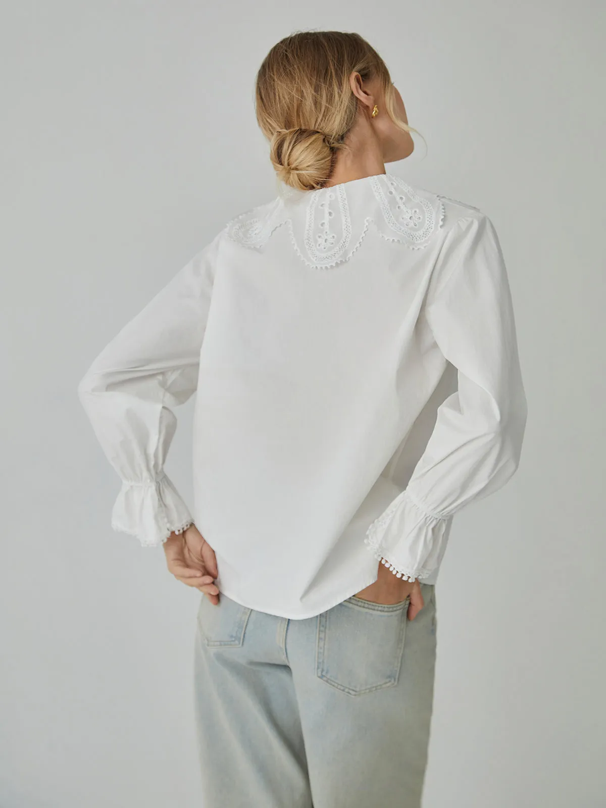 Cotton Lace Graceful Trim Tie-Front Shirt