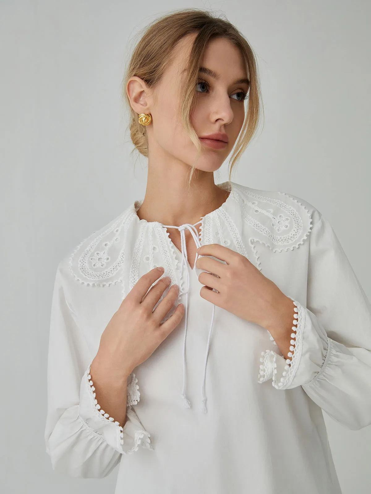 Cotton Lace Graceful Trim Tie-Front Shirt